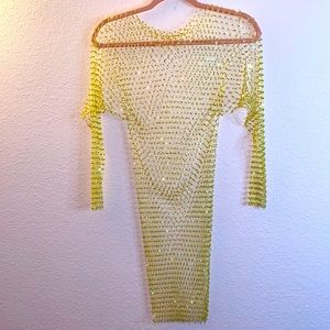 Yellow fishnet rhinestone o-neck long sleeve dress size small but stretchy